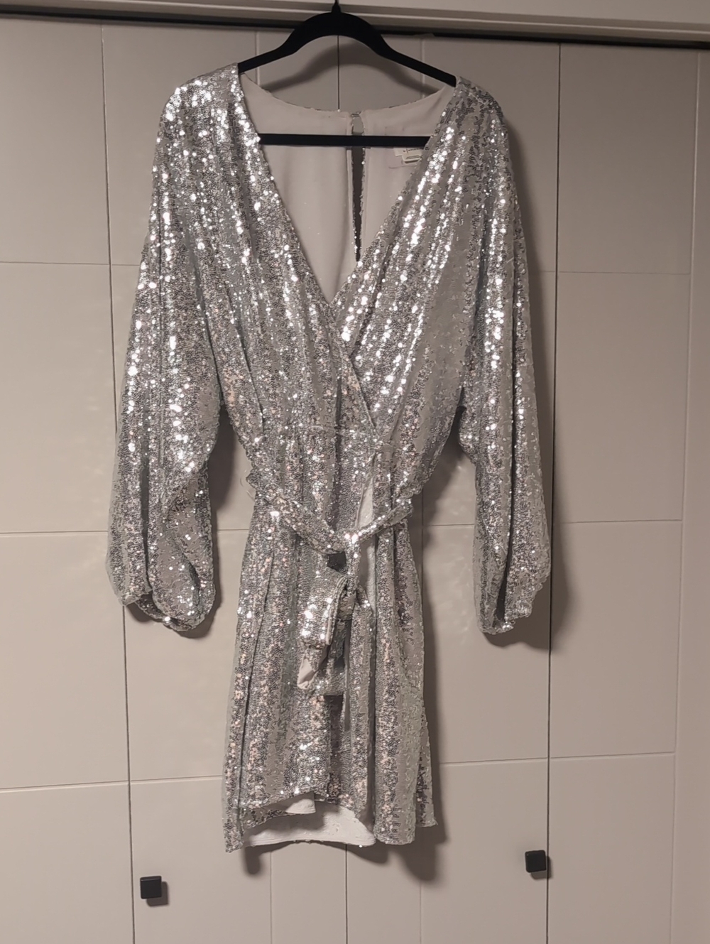 Anthropologie Silver Sequin Wrap Mini Dress